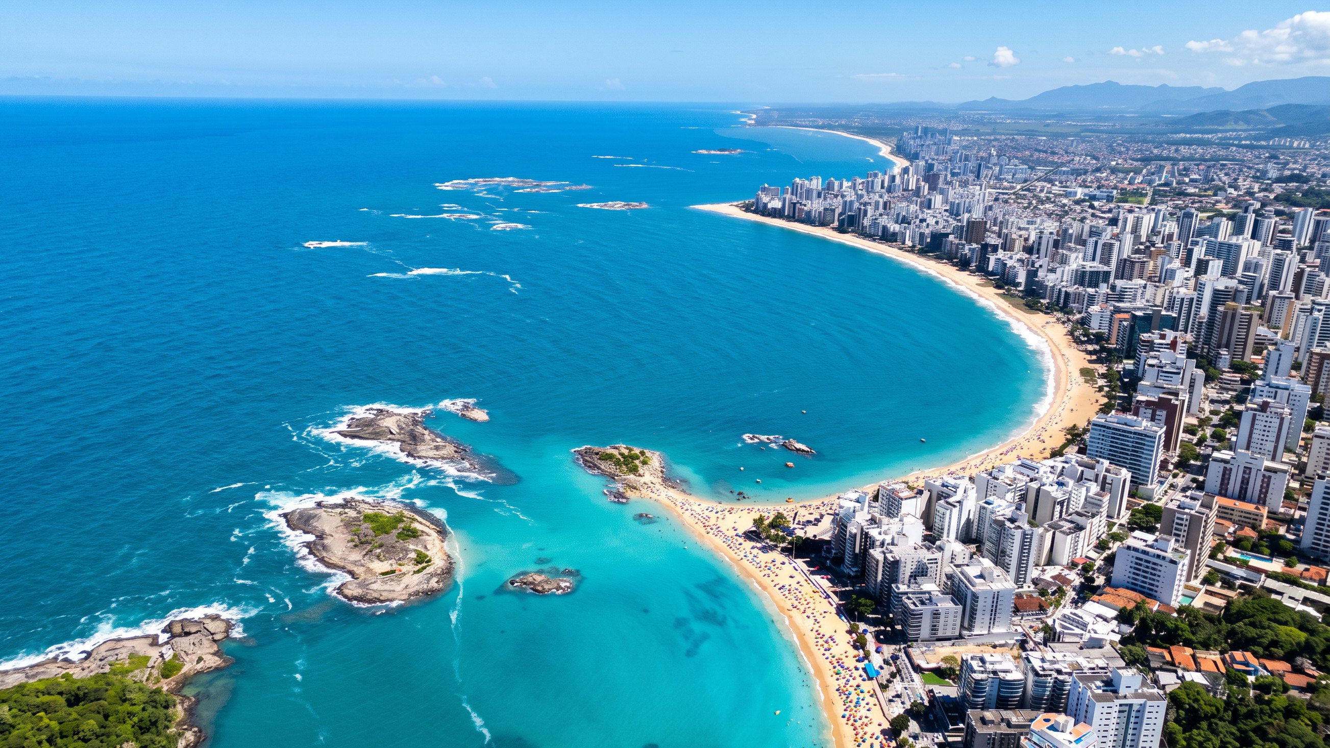 Vista aérea da orla de Vila Velha, com faixa de areia extensa, mar azul turquesa e a linha de prédios da orla