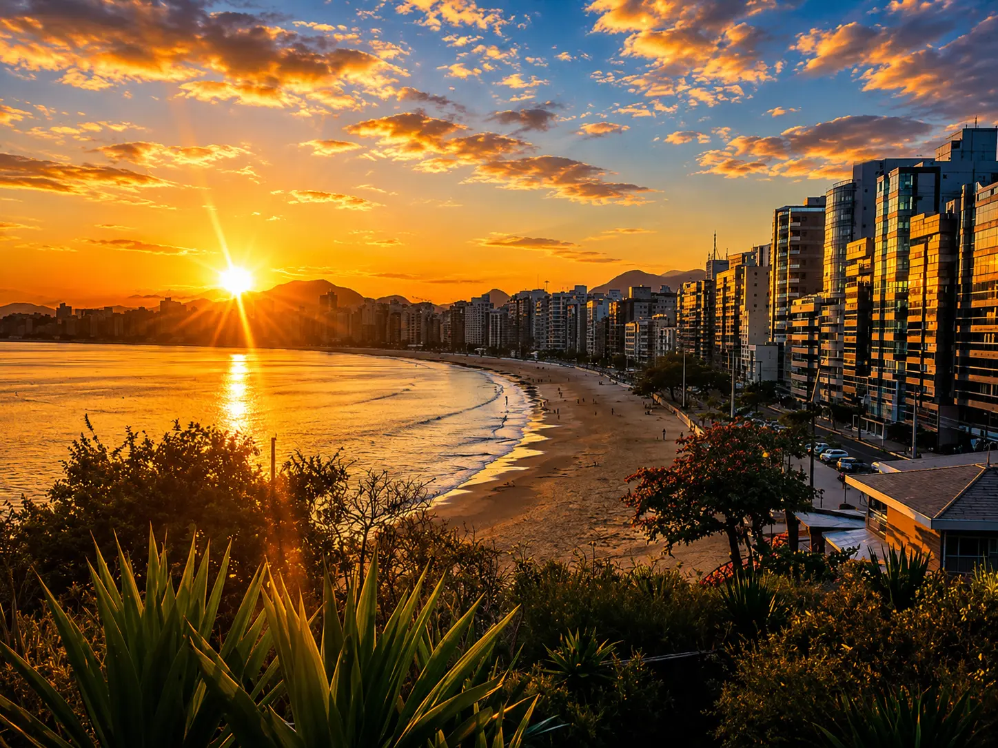Vista do alto da orla da Praia do Morro, em Guarapari, com o sol baixo sobre o mar formando um rastro dourado na água, a faixa de areia em curva com banhistas, a fileira de prédios da avenida beira-mar, montanhas ao fundo e vegetação em primeiro plano.